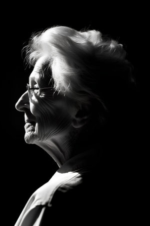 Portrait of an elderly woman on a black background. Monochrome.の素材