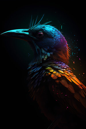 colorful bird on a black background. 3d rendering and illustrationの素材