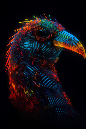3D rendering of an eagle head with colorful neon lights on a black backgroundの素材