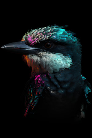 Portrait of Kingfisher bird isolated on black background. 3d renderingの素材
