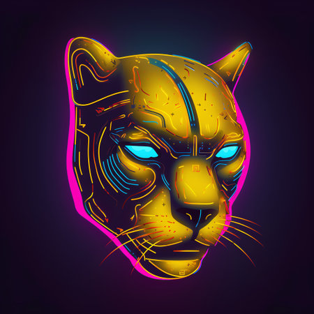 Vector illustration of a tiger head in neon light. Futuristic style.の素材