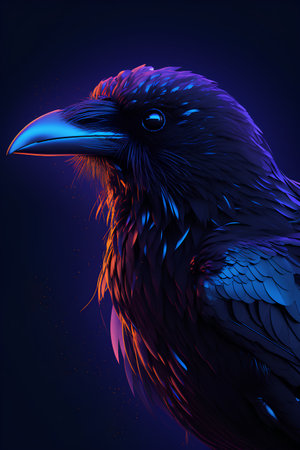 Vector illustration of a raven in blue and pink tones on a dark backgroundの素材