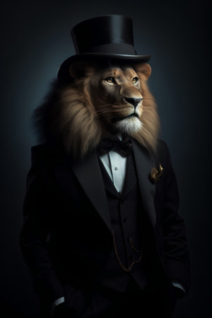 Portrait of a lion in a top hat and suit on a dark background.の素材
