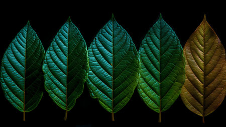 Green and blue leaves on a black background. 3D illustration.の素材