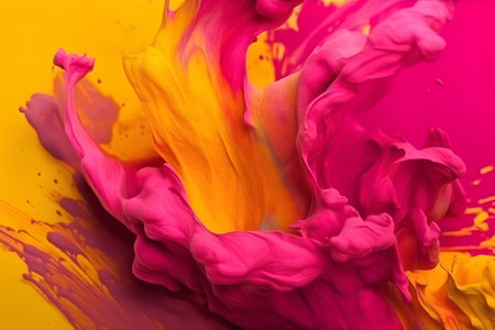 abstract background of pink and yellow paint splashing on yellow backgroundの素材