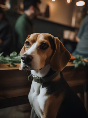 Portrait of beagle dog sitting in cafe and looking at cameraの素材