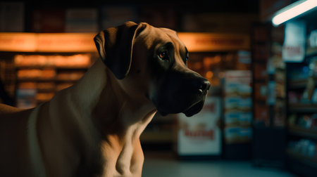 Rhodesian Ridgeback dog in front of a grocery store.の素材