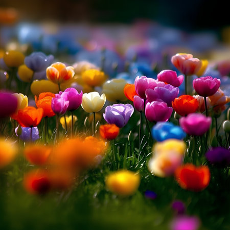 Colorful tulips in the meadow. Selective focus.の素材