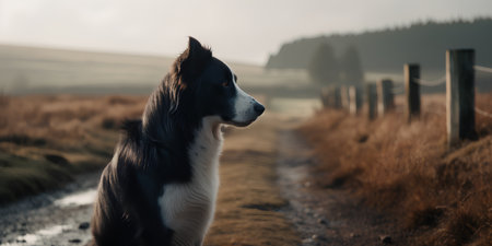 Portrait of a beautiful Border Collie dog standing on a country road.の素材