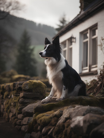 Border Collie sitting on a stone wall in front of a houseの素材