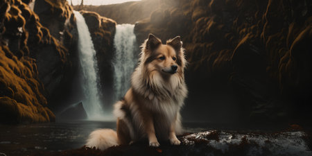 dog in front of a waterfall, 3d rendering, toned imageの素材