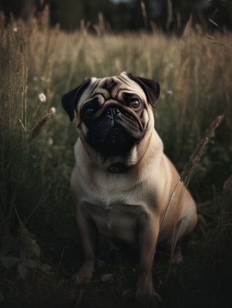 Cute pug dog sitting on the grass in the meadow.の素材