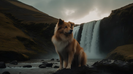 Shetland Sheepdog at Skogafoss waterfall in Icelandの素材