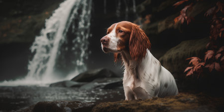 Beautiful welsh springer spaniel dog in front of waterfallの素材
