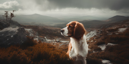 Beautiful dog breed welsh springer spaniel stay on the top of the mountain.の素材