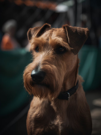 Portrait of a dog of the Irish terrier breed on a blurred backgroundの素材