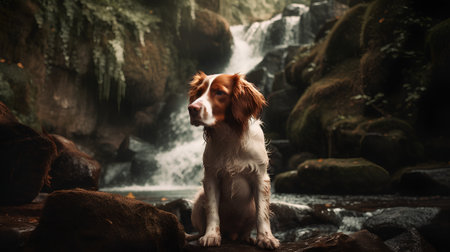 red-haired welsh springer spaniel dog sitting in front of waterfallの素材