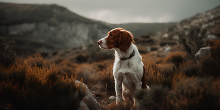 Portrait of a beautiful dog on the background of a mountain landscapeの素材