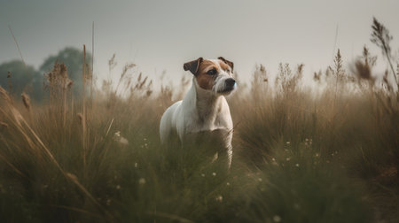 Jack russell terrier dog standing in the field and looking at cameraの素材