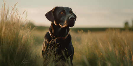 Portrait of a black labrador retriever dog in the fieldの素材