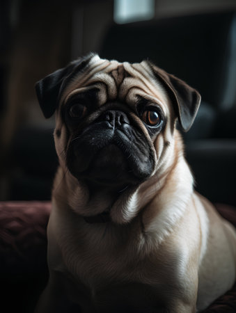 Sad pug dog sitting on sofa at home and looking at cameraの素材