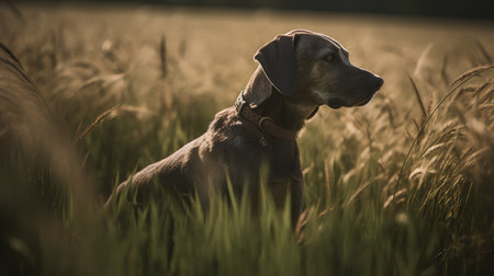 Portrait of a purebred dog in the field at sunset.の素材