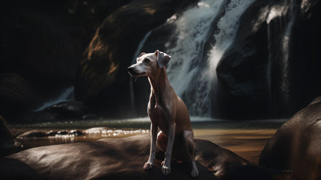 Pit bull dog sitting on a rock in front of a waterfallの素材