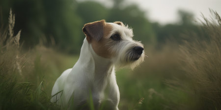 Portrait of a Jack Russell Terrier sitting on the grass.の素材