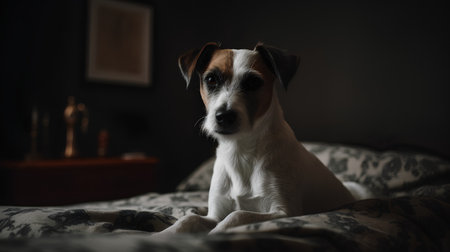 Jack russell terrier sitting on the bed in the morningの素材