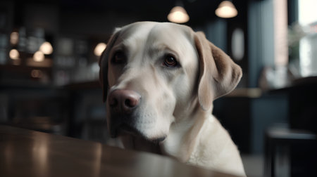 Labrador Retriever dog looking at camera in a restaurant.の素材