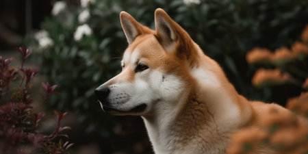 Portrait of a Japanese Akita Inu dog in the gardenの素材