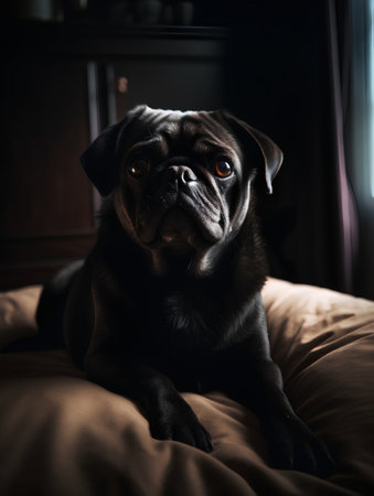 Cute black pug dog lying on bed at home in the morning.の素材