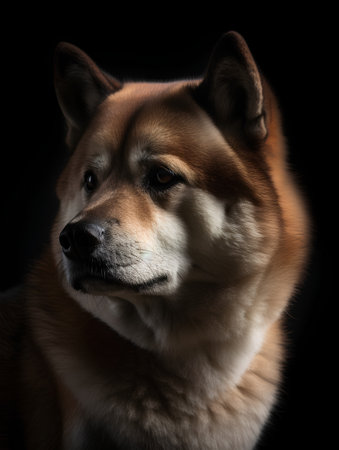 Portrait of Japanese Akita dog on black background. Studio shot.の素材