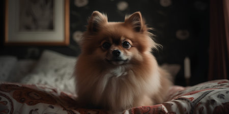 Cute Pomeranian Spitz dog sitting on bed at homeの素材