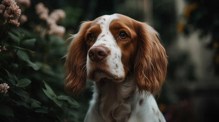 Beautiful welsh springer spaniel dog portrait in the gardenの素材