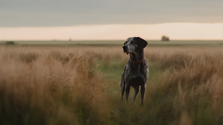 Portrait of a black pointer dog in a field on a sunsetの素材