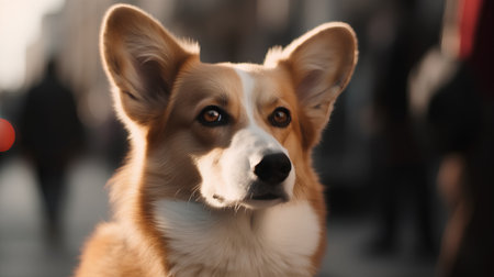 Portrait of a cute Welsh Corgi dog in the cityの素材