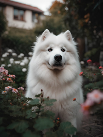 Portrait of a beautiful Samoyed dog in the garden.の素材