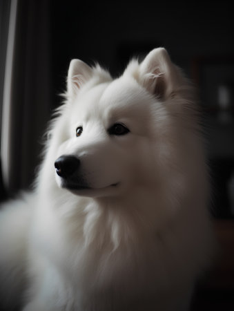 Portrait of Samoyed dog looking at camera, indoor shotの素材