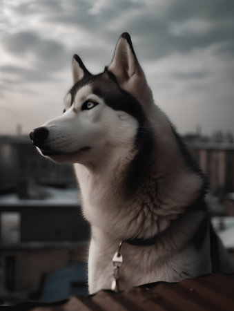 Portrait of a siberian husky dog on the roofの素材