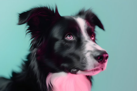 Funny portrait of cute smilling puppy dog border collie, isolated on blue background. New lovely member of family little dog gazing at camera. Pet care and animals conceptの素材