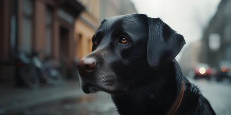 Portrait of a black labrador retriever dog in the cityの素材
