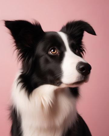 Portrait of cute smilling puppy border collie sitting on pink backgroundの素材