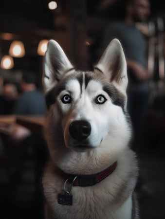 Siberian Husky dog in a cafe. Selective focus.の素材
