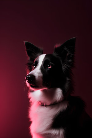 Portrait of border collie dog on a dark red background.の素材