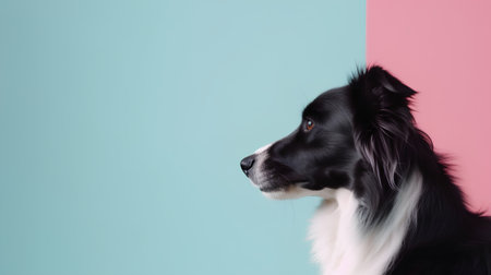 Portrait of border collie dog on pastel pink and blue backgroundの素材