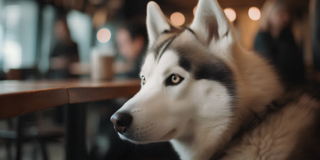 Siberian Husky dog in a cafe. Close-upの素材