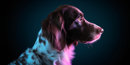 Portrait of a dog breed English setter on a dark backgroundの素材