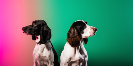 Two Cocker Spaniel dogs isolated over colorful background. Studio shot.の素材