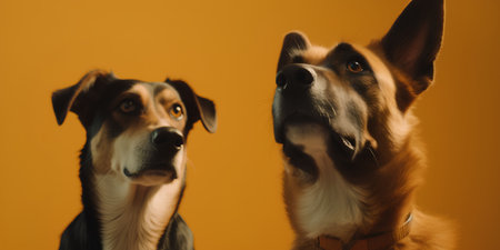 Two dogs looking at each other on orange background. Studio shot.の素材